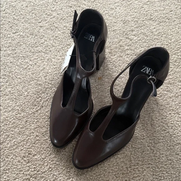 Brand New Zara Chocolate Brown T-Strap Block Heel Pumps - Picture 1 of 6